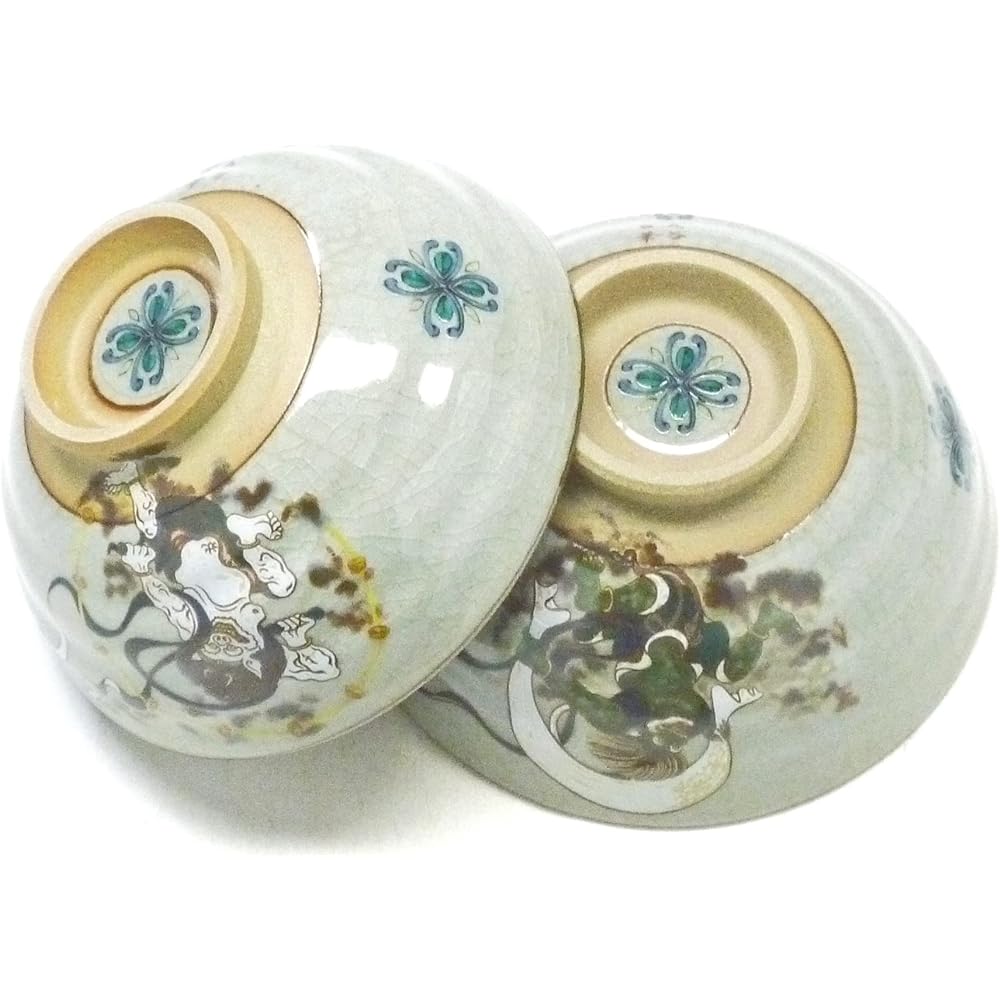 Kutani ware [Pair of rice bowls] Wind God and Raijin with inner painting