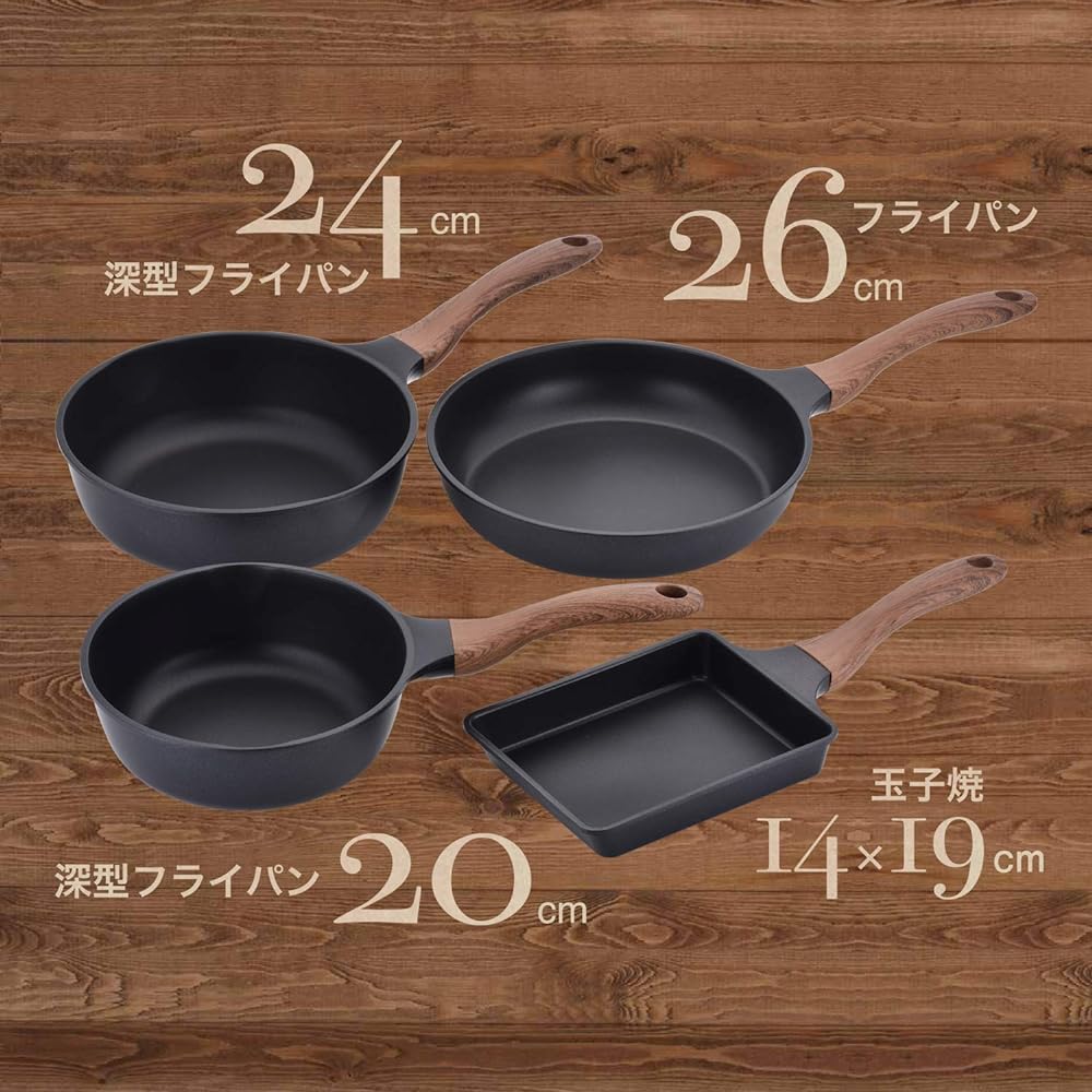Wahei Freize Frying Pan Set, Tamagoyaki & Deep Frying Pan 20/24cm & Frying Pan 26cm, IH Compatible, Black, Wood Grain Handle, Ntone MB-1227