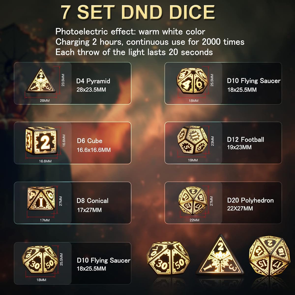 EXCECAR Rechargeable DND Dice Set, Light Up Dice, Glowing LED Dice, 7 Electronic Dice, D&D Polyhedral Dice Set for RPG Role Playing Table Games