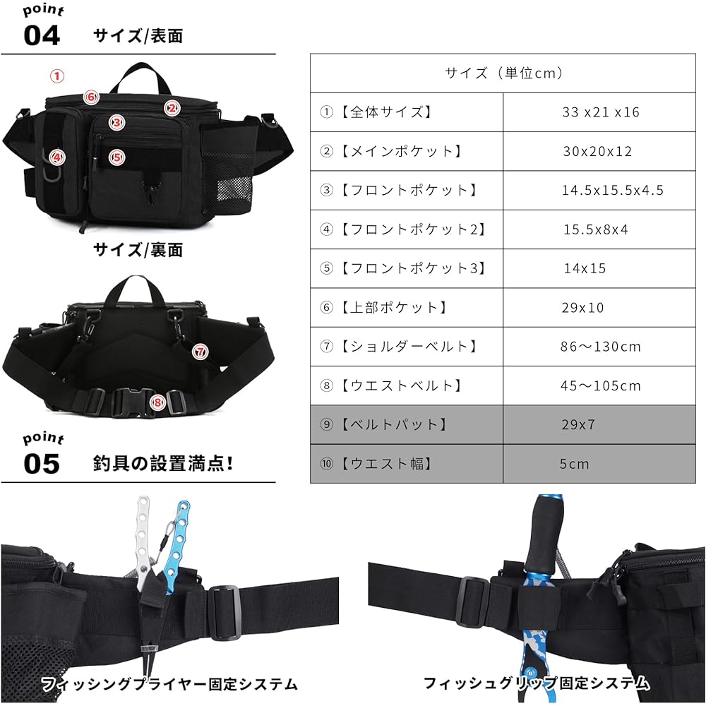 HAKAWAFLY Fishing Bag, Wide Mouth, Large Capacity, Waist Bag, Wide Fishing Bag, 5-Way Tackle Bag, Waterproof, Hip Bag, Multi-functional, Detachable/Left/Left-Left Shoulder Bag, Pad Type, Water Repellent Finished, Includes 2 Rod Holders and 5 Carabiners