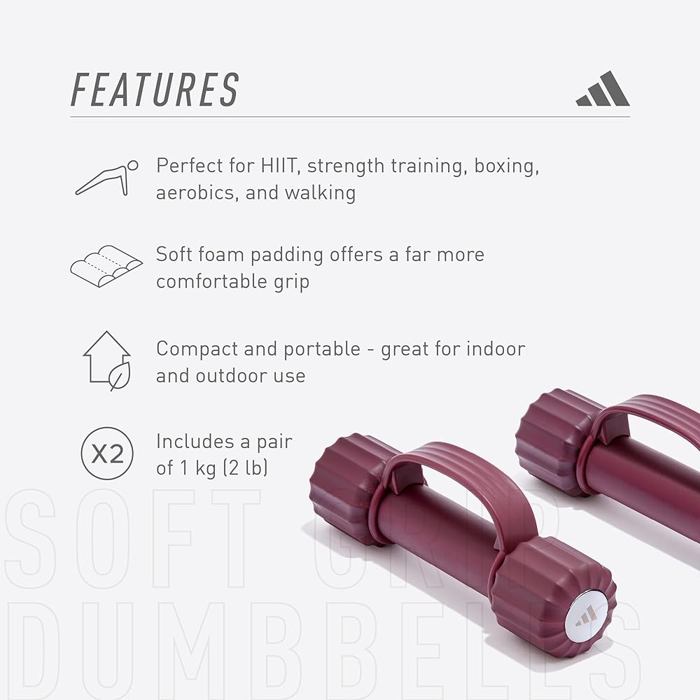 adidas Soft Grip Dumbbells 1kg (Pair) Victory Crimson Color Silicone Rubber Handle ADWT-11300