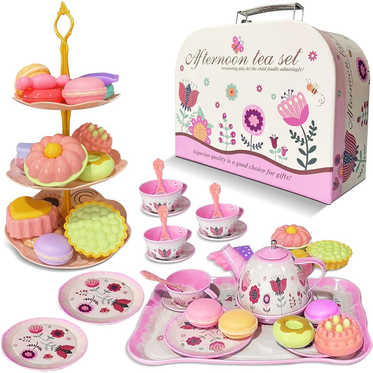 ikaufen Tea Party Set for Little Girls, 46 Pieces Princess Toy Tea Party Set with Cups, Carrying Case, Desserts, Kids Kitchen Pretend Play Gift for 3 Years Old, 4 Years Old, 5 Years Old, 6 Years Old