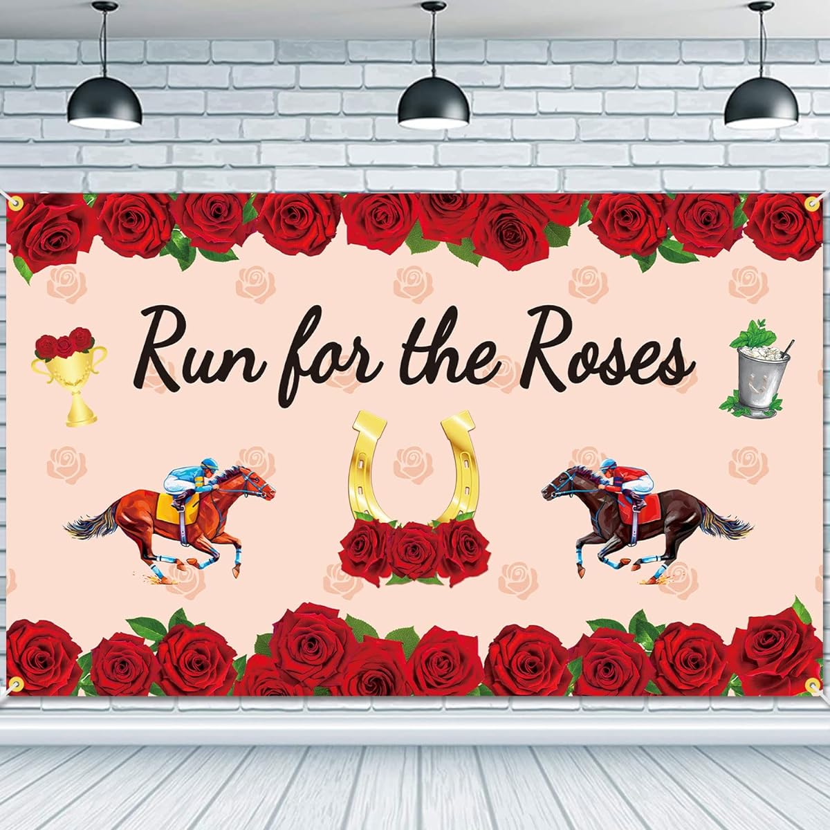 JKQ Run for The Roses Background Banner 73 x 43 inches Kentucky Derby Background Banner Kentucky Horse Racing Party Decoration Roses and Horses Activities Indoor Outdoor Photo Booth Props