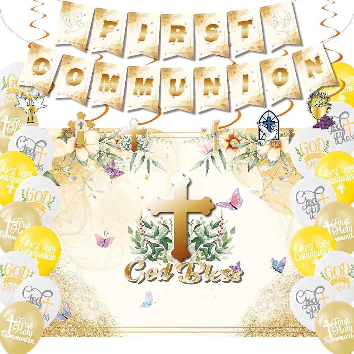 IRCOR First Communion Decoration Baptism Decoration with Banner Balloon Background & Hanging Swirls
