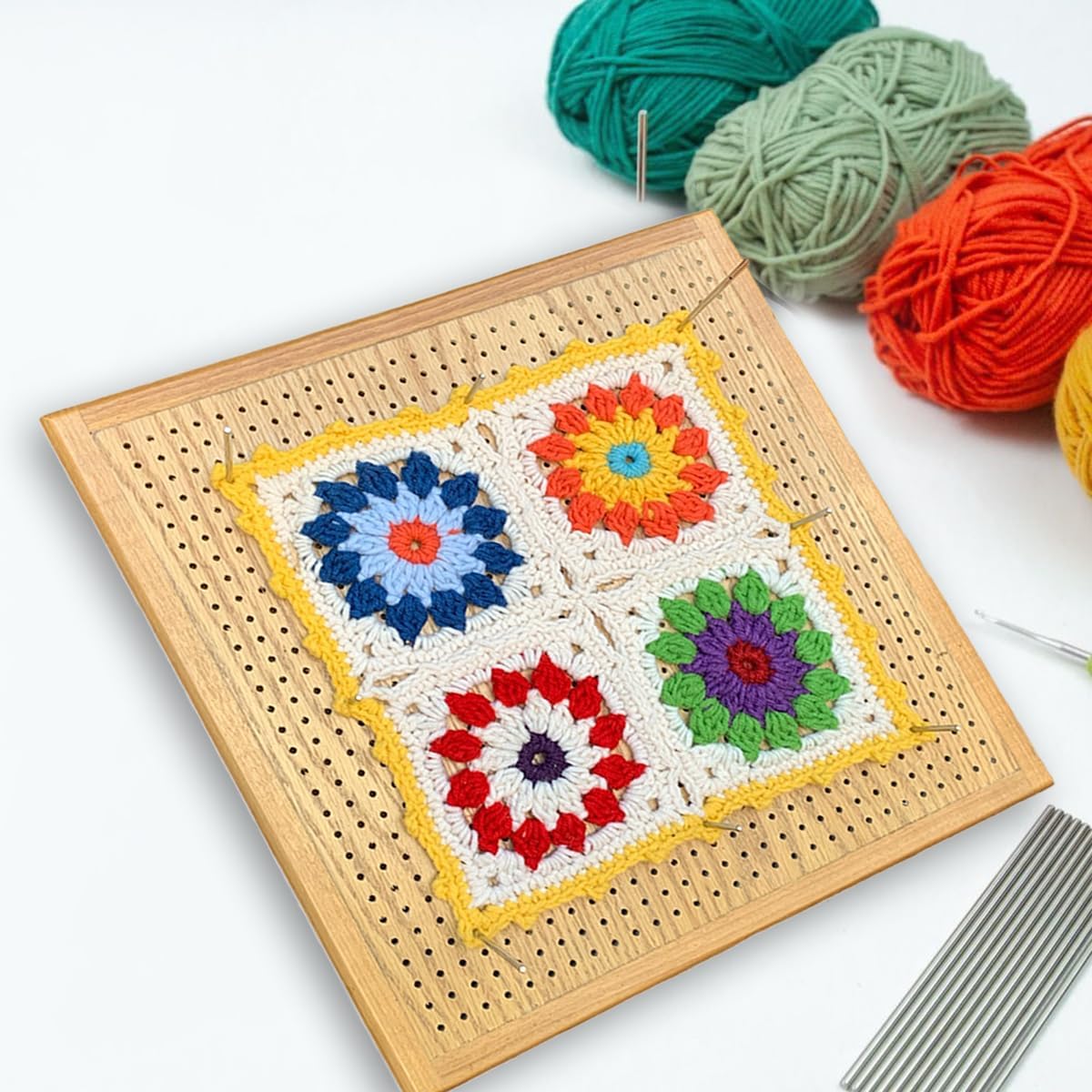 Crafts By KFRod - Crochet Block Board with Grid Specially Designed Wooden Crochet Block Board + 20 Stainless Steel Pins (12" x 12" Blocking Area)