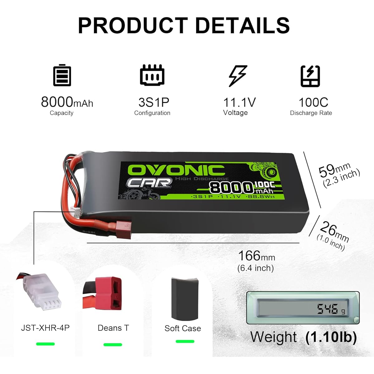 OVONIC 3S Lipo Battery 100C 8000mAh 11.1V Lipo Battery Dean Style T Extra with XT60 Connector for 1/8 1/10 RC Car Truck Boat Vehicle