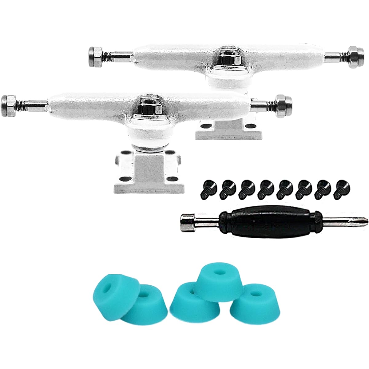 Teak Tuning Prodigy Fingerboard Trucks with Upgraded Locking Nuts, White Color - 32mm Width - Includes Teal Pro Duro 61A Bubble Bushings