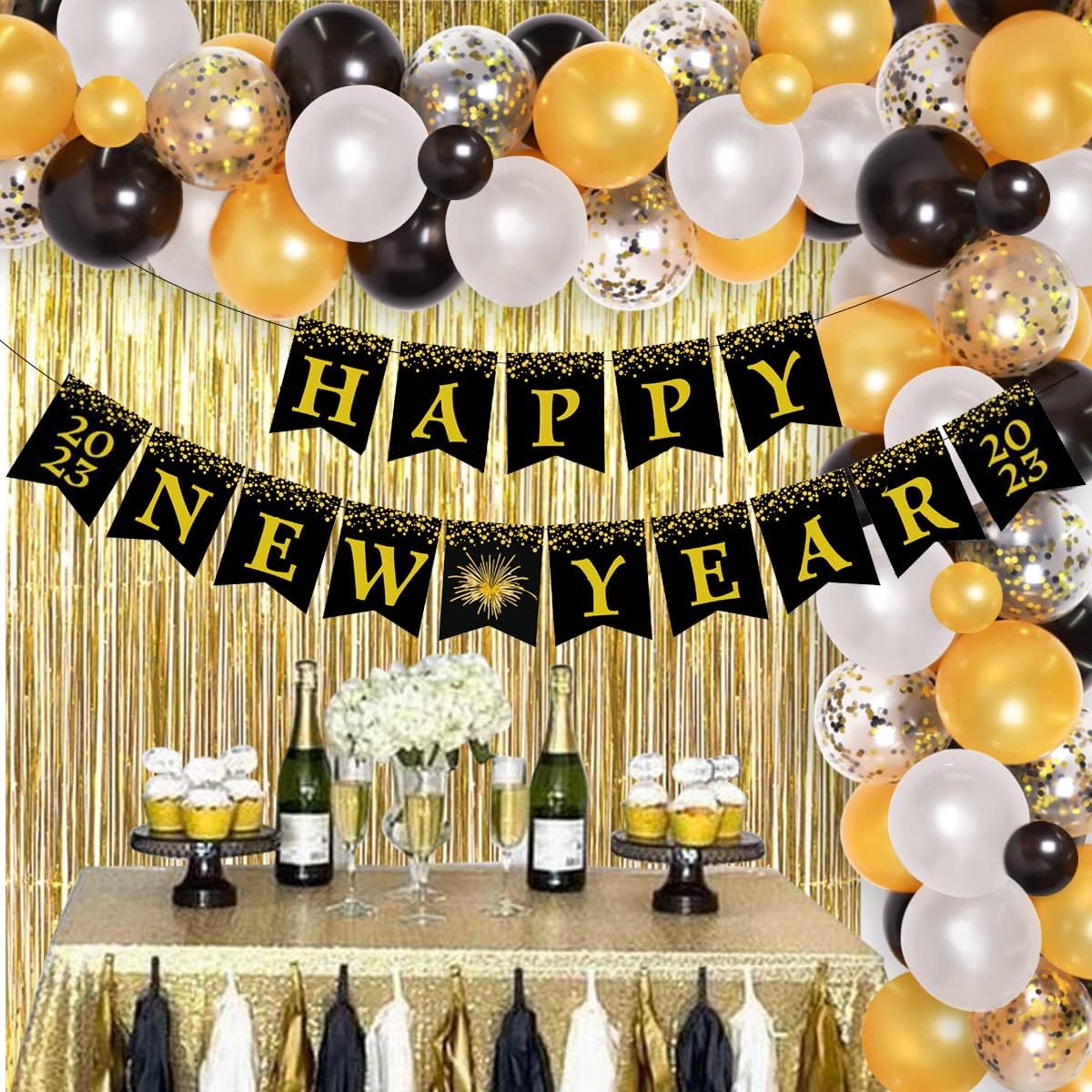 Happy New Year Decoration Supplies 2021 Black and Gold Balloon Garland Tinsel Foil Curtain with 2 Happy New Year Banners