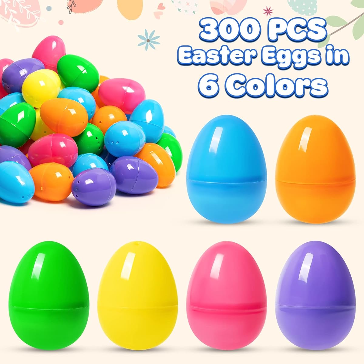 V-Opitos 300pcs Plastic Easter Eggs 2.4" Bulk Empty Easter Eggs 6 Colors Hinged Filler Eggs Easter Egg Hunt Surprise Egg Basket Stuffer Filler Kids Easter Party Favors