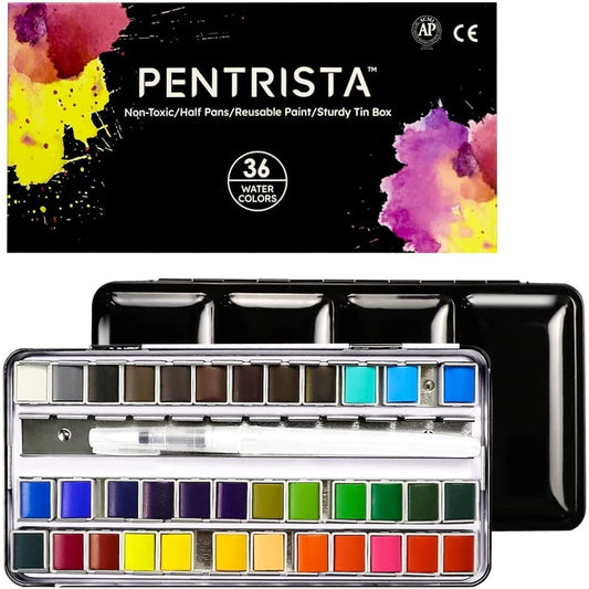 PENTRISTA Watercolor Paint Set for Artists, 36 Colors Professional Solid Watercolor Half Pans in Tin Box, 1 Refillable Water Brush Pen, Art Pigment Kit, Perfect for Kids, Students, Beginners, Art Lovers, Watercolor Set