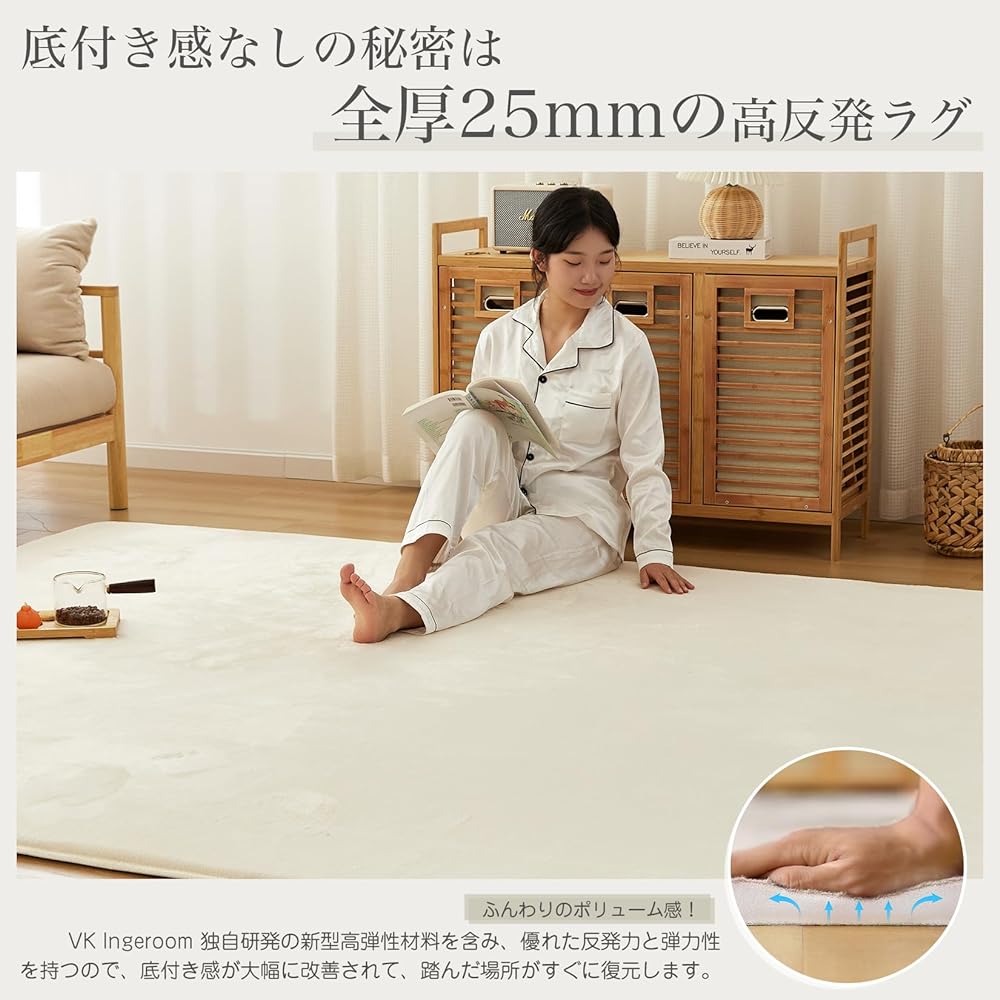 VK Ingeroom Carpet Rug, Extra Thick 25mm, Approximately 2 Tatami Mats, Thick Rug, Soundproof, Anti-Slip, Antibacterial, Odor Resistant, Dust Mite Resistant, Low Form, Fluffy and Highly Resilient, Compatible with Floor Heating Hot Carpets, Winter, Scandin