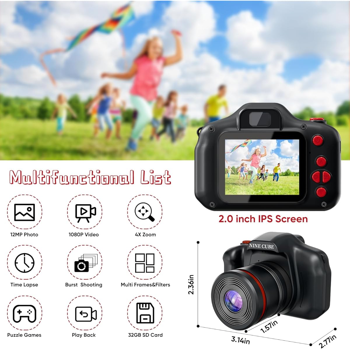 NINE CUBE Kids Digital Camera Black Toddler Camera for 3-7 Years Old Kids Girls Boys Long Lens Toy Camcorder Mini Toy Gift Digital Camera for 3 4 5 6 Years Old Kids with 32G Card