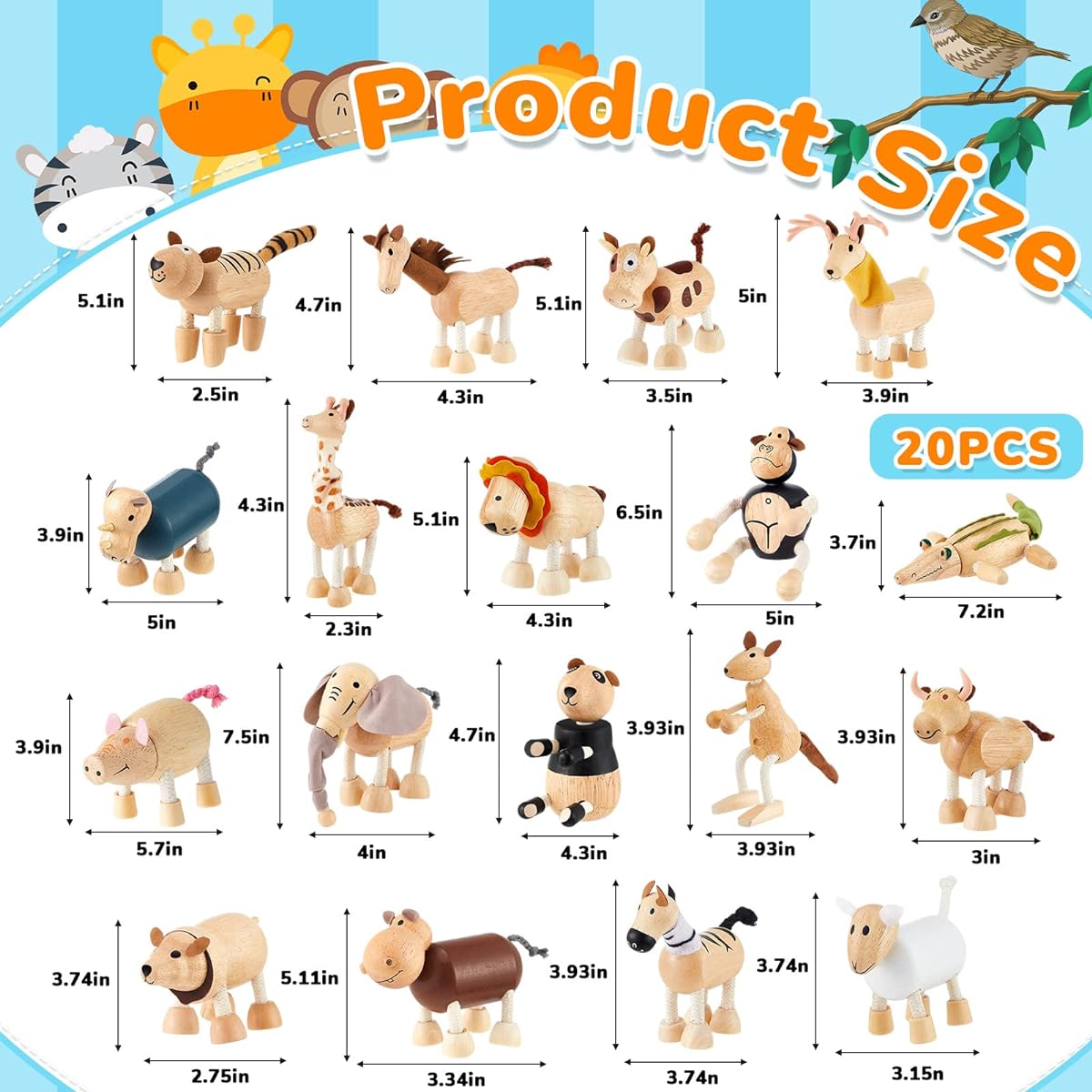 Wettarn 20Pcs Bendable Wooden Animal Toys Zoo Safari Jungle Wooden Animal Figures Toys Flexible Posable Wooden Farm Animals for Preschool Learning Home Decor