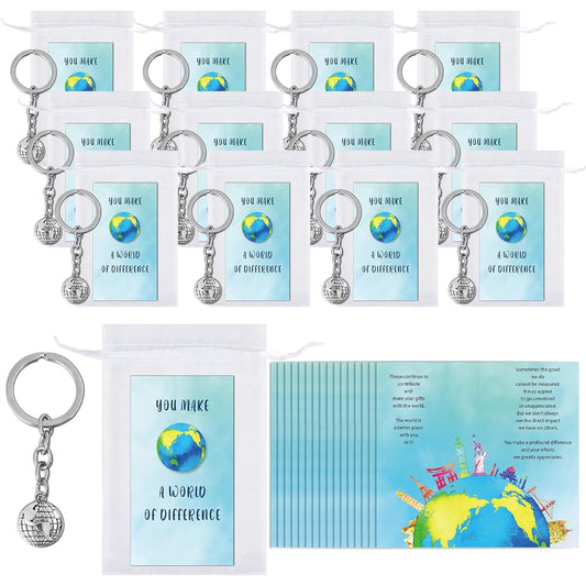 36 Pack Employee Appreciation Cards Keepsake Gift Set World of Difference Staff Greeting Card Matching Keychain World Story Card Mini World Keychain Organza Bag Bulk Gifts for Men Women