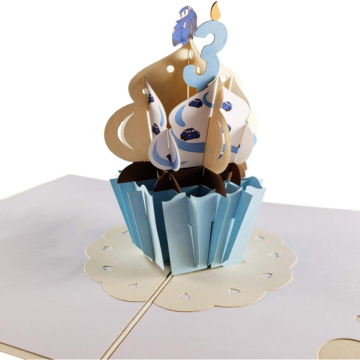iGifts And Cards 3D Pop Up Greeting Card 3rd Birthday Blue Car Cupcake - Happy 3 Year Old Big Large Large Bi-Fold Unique Wonderful Fun Special Occasion Cute Boy Celebration Son Grandson