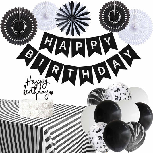 ANSOMO Black & White Happy Birthday Party Decorations Balloons Décor Supplies Banner for Women Men Boys Girls Stripes Tablecloth Paper Fans