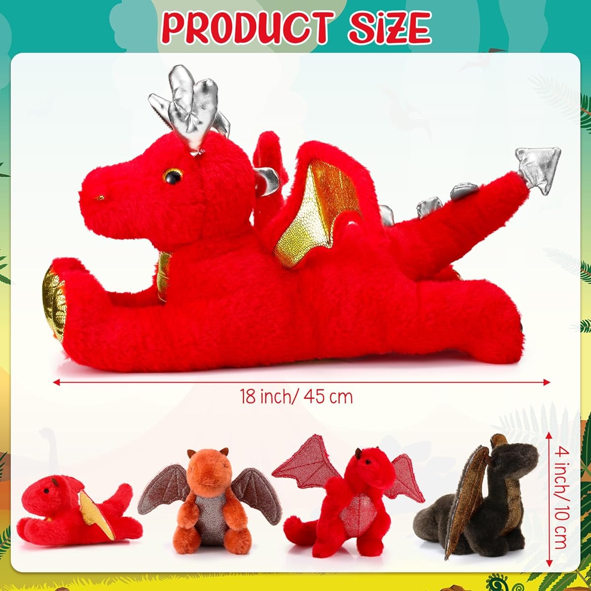 Syhood 18" Dragon Plush Toy with Baby, 1 Big Mama Dragon Plush and 4 Small Dragon Plush, Inner Zippered Belly for Kids Birthday Graduation Gifts, Dragon Themed Party Decorations (Red)