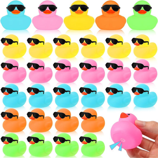 36 Pack Mini Rubber Duck Sunglasses Set Duck Bath Toy Squeaky Rubber Duck Cute Float Bathtub Ducky Little One Birthday Party Favors Class Carnival Prize Car Decoration (Mixed Color)