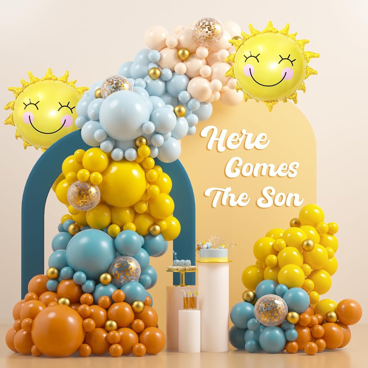 Here Comes the Son Baby Shower Decorations JOGAMS 182 Pieces Sun Chrome Gold Confetti Balloons for First Trip Sun Sunshine Here Comes The Son Theme Baby Shower Birthday Party Decorations