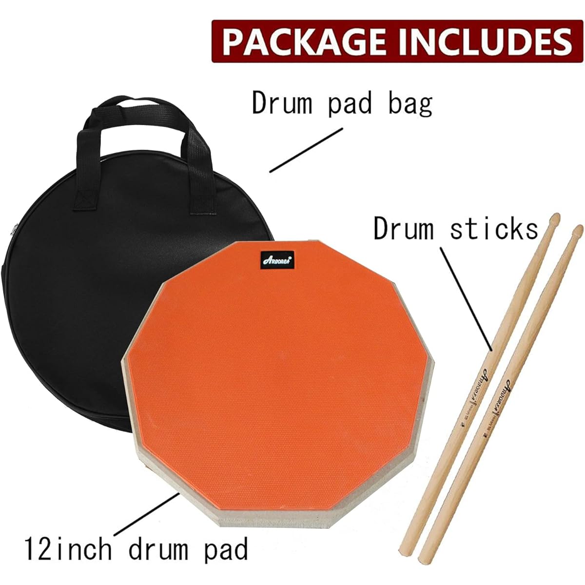 Bass Drum Practice Pad Kit Drum Pad Drum Sticks & Storage Bag Real Field Ram Pad Practice Double Sided 12 Inch Orange