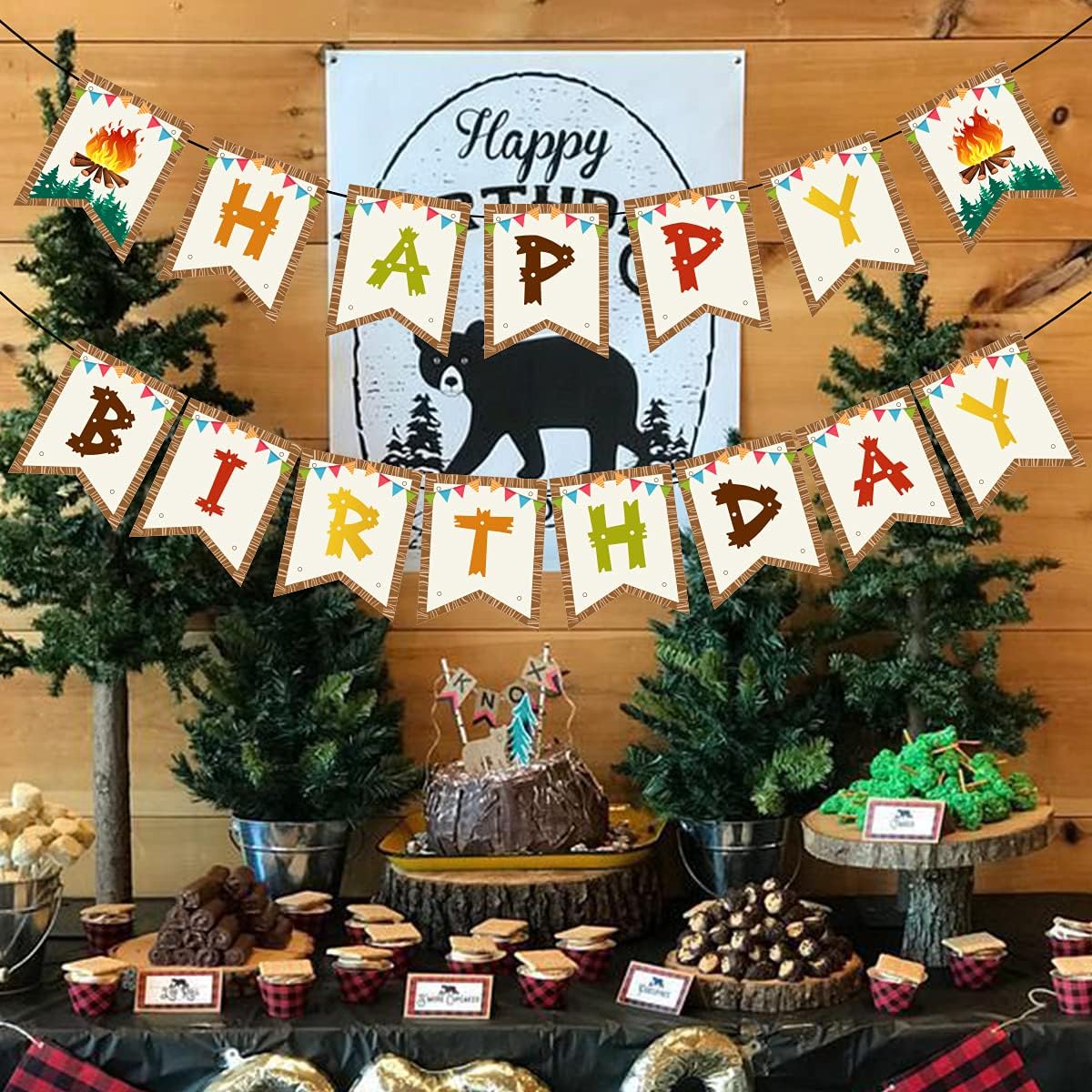 Camping Birthday Banner Happy Camper Party Decoration for Boys Girls Adults Kids Camping Theme Happy Birthday Banner Outdoor Garden Campsite Decoration