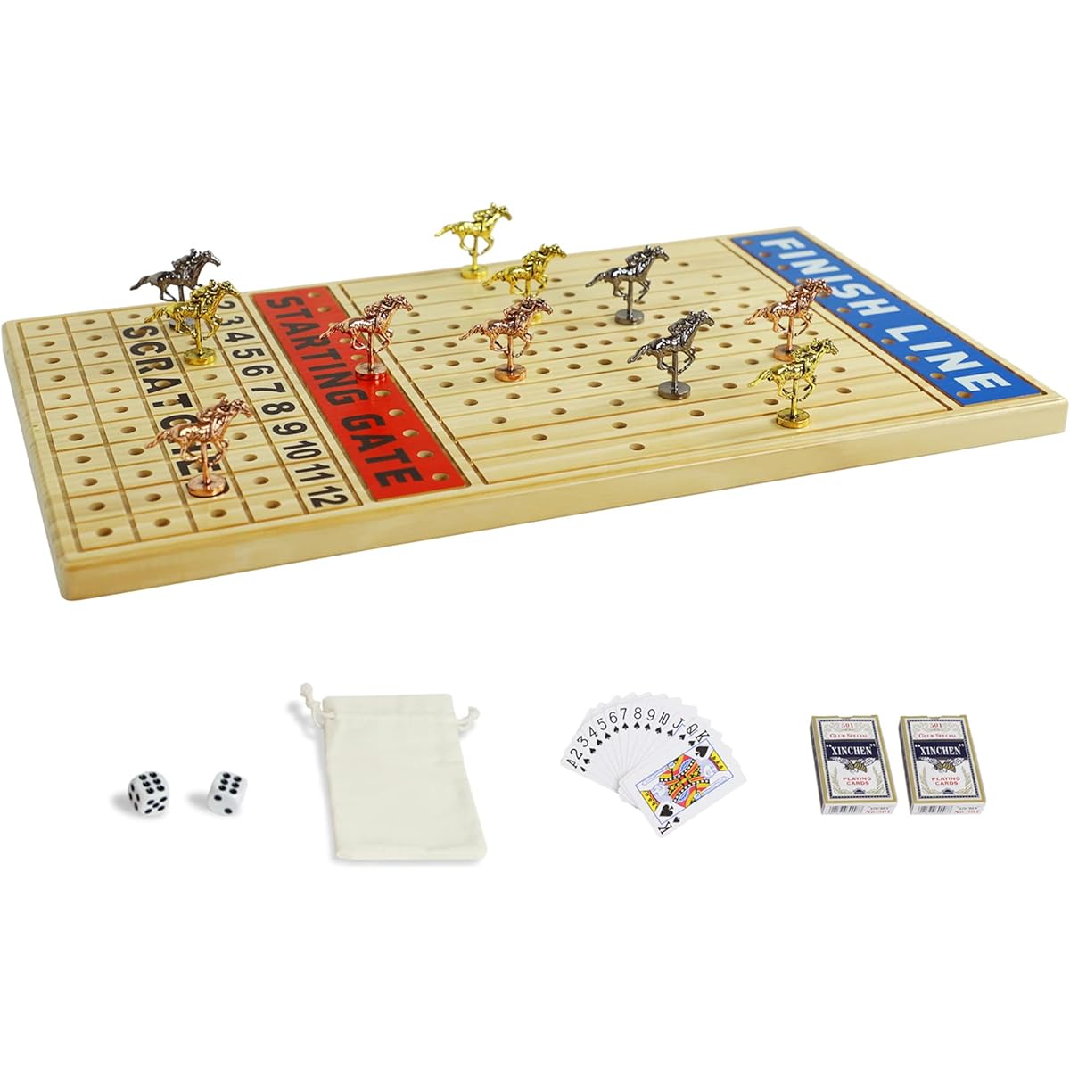 Grhonior Finish LINE Horse Racing Board Game, Race Board Game Premium Metal Craft Horses Thick Pine Game Chess Board with 2 Sets of Dice and 2 Boxes of Cards