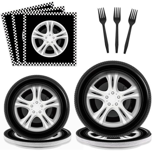 96 Piece Tire Tube Checkers Tableware Set, Race Sports Theme Tableware Decorations, Race Car Dessert Plates, Race Car Party Napkins, Forks, Serves 24, Race Car Birthday Party Favors