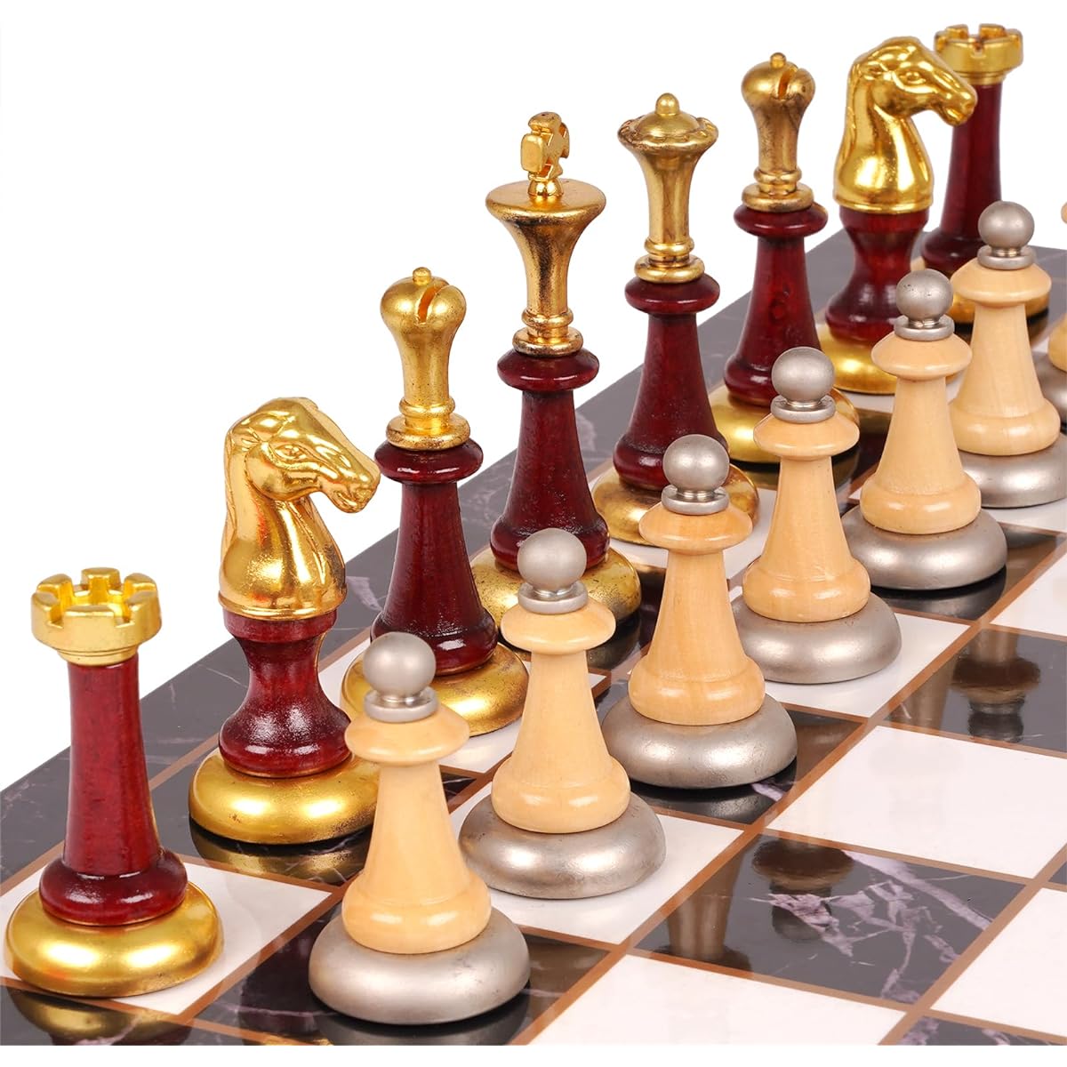 Metal + Wood Chess Set for Adults and Kids - Marble Chess Board with Chess Pieces - Portable Travel Chess Set with Metal and Wooden Chessmen - Foldable Chess Board - 2 Queens