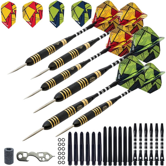 Professional Steel Tip Darts Set Customizable Configuration 6 Aluminum Darts, 12 Plastic Shafts, 12 Rubber O-Rings, 6 Standard + 6 Slim Flights + Dart Sharpener + Dart Tool , Case