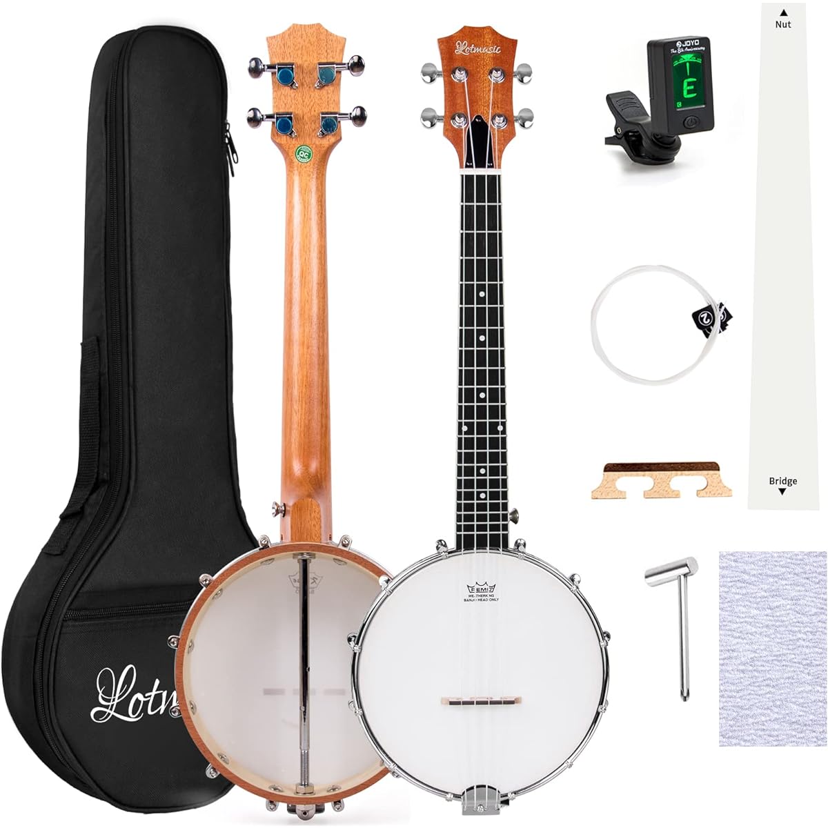 Banjolet Sapele Travel Banjolet 26 Inch 4 String Lotmusic Remo Drum Head Open Back Beginner Kit Extra String Allen Wrench Tuner Sandpaper Ruler Bag
