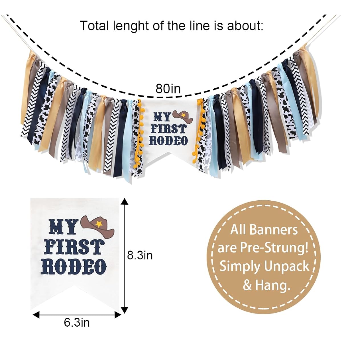 Cowboy 1st Birthday High Chair Banner - My First Rodeo for Kids Boy Baby Shower Farm One High Chair Banner First Birthday Barn Cow 1st Birthday Party High Chair Decorations Cake Smash Western Cowboy Backdrop Garland for Photo Props
