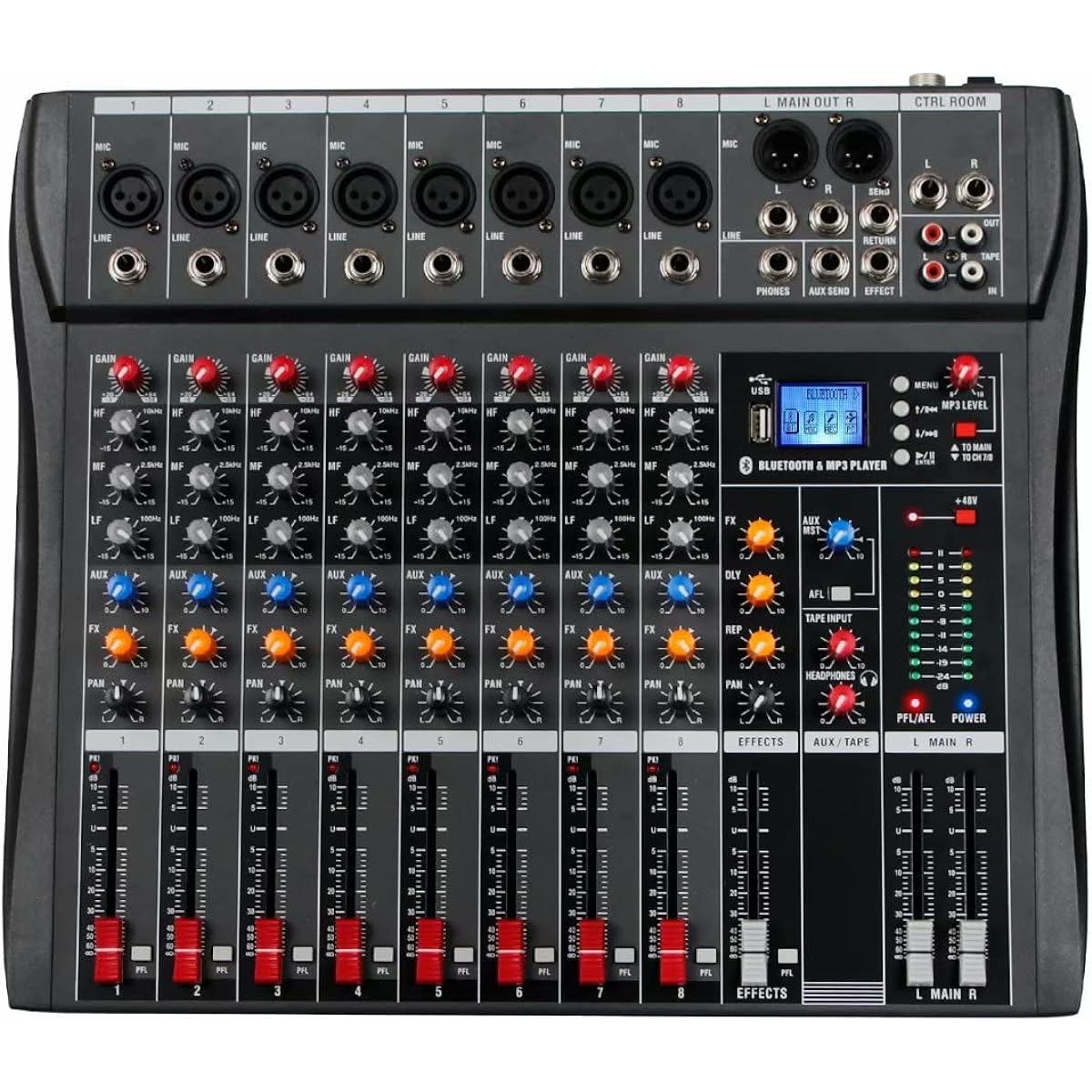 Depusheng DX8 Professional Mixer Soundboard Console 8 Channel Desk System Interface Digital USB MP3 Input 48V Phantom Power Stereo DJ Studio FX Steel Chassis, Black Bluetooth USB Audio Mixer for PC