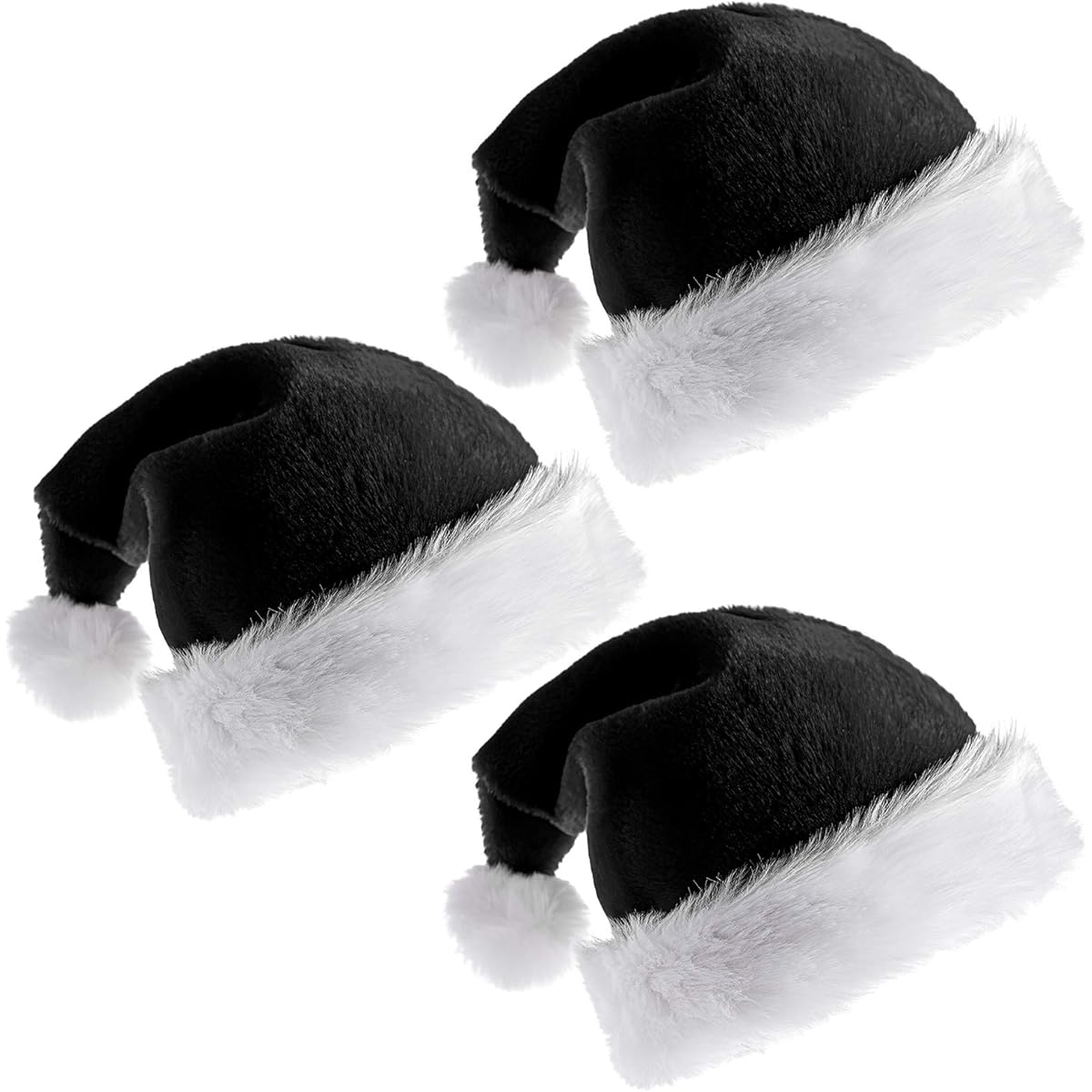 Elcoho Santa Hats for Adults Christmas Hats, Traditional Black and White Plush Christmas Santa Hats for Christmas Parties, Pack of 3