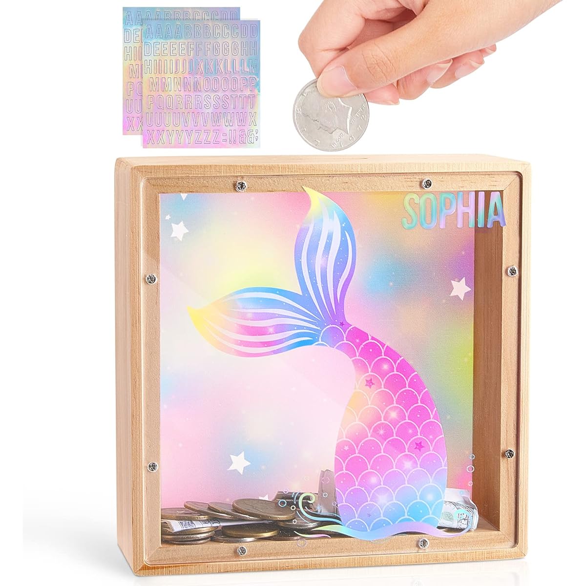 Piggy Bank for Girls Kids Wooden Piggy Bank Mermaid Piggy Bank Cute Piggy Bank with DIY Alphabet Stickers Pink Yellow
