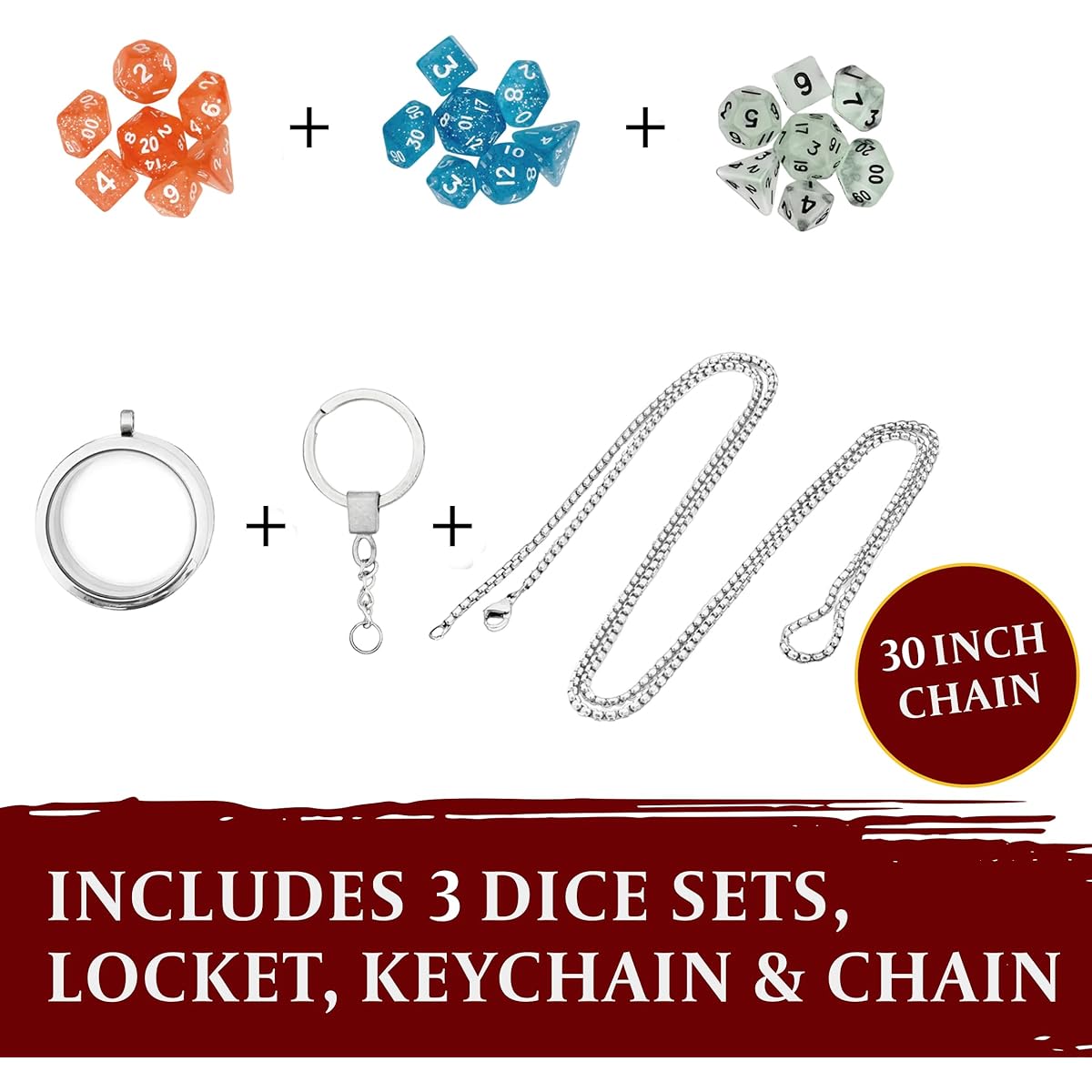 DND Dice Set Locket/Keychain - Includes 3 Polyhedral Mini Dice Sets - Perfect RPG/Dungeons & Dragons (D&D) Accessories Gift. Small/Micro Red, Blue, Clear Set has D20 D12 D10 D8 D6 sided dice.