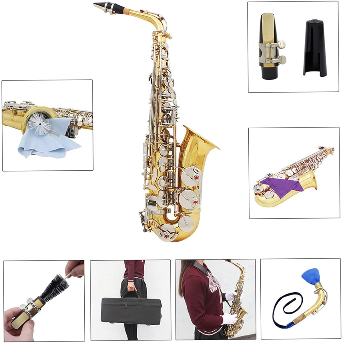 Btuty Alto Saxophone Shiny Brass Engraved EbE-Flat Natural White Shell Button Wind Instrument with Case Mute Glove Cleaning Cloth Belt Brush