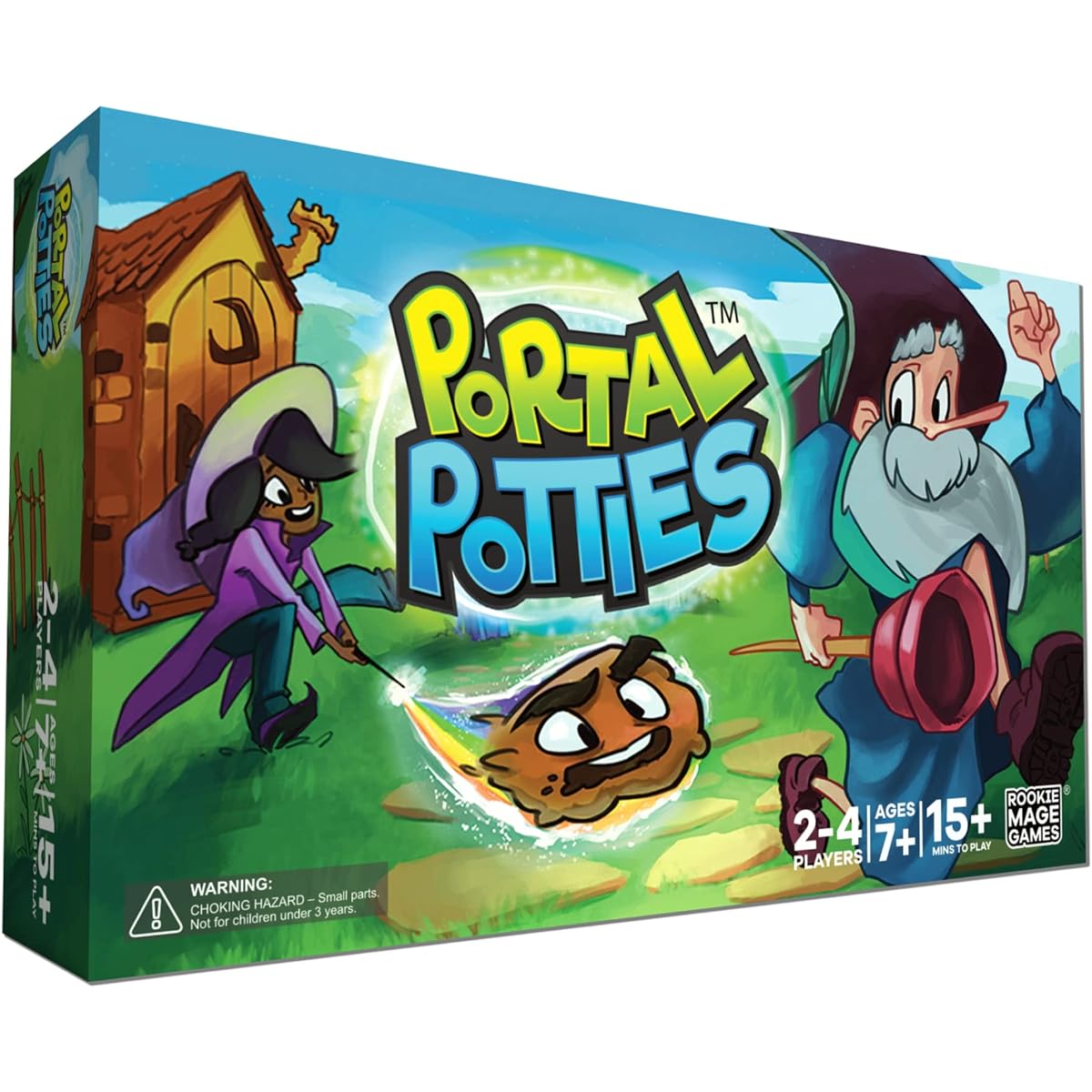 Rookie Mage Games Portal Potties - Funny Last Wizard Standing Board Game for Adults & Kids - Includes Playing Cards, Poop Emoji Tokens & Colorful Toilet Board - 2-4 Players, Ages 7+