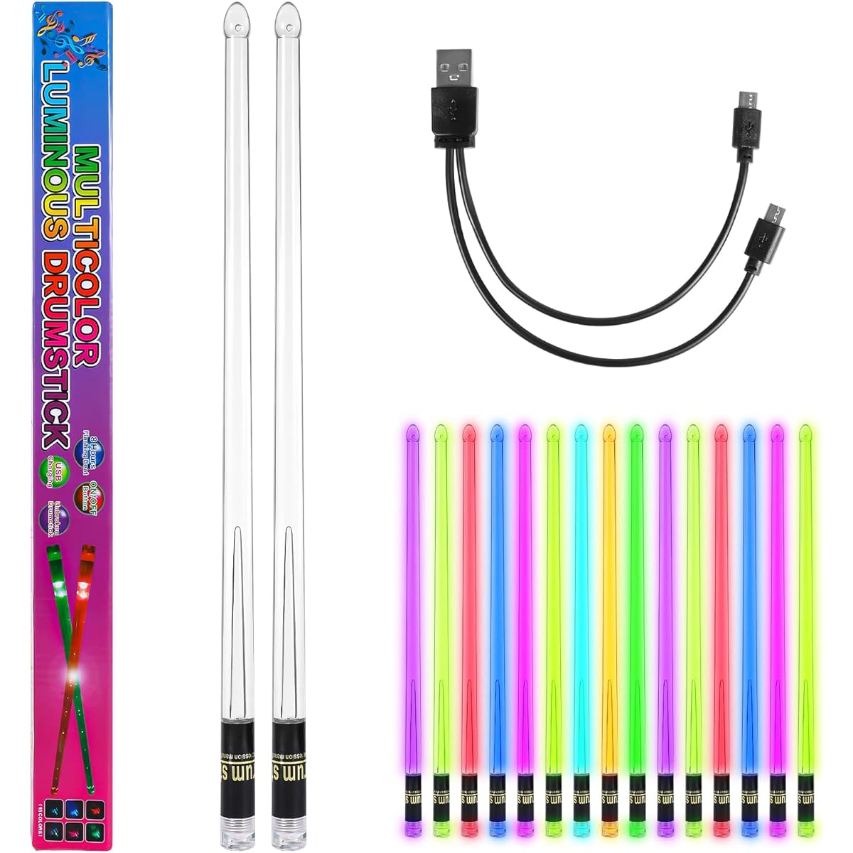 1 Pair LED Drumsticks PC Polymer Material Rechargeable Color Changing Light Up Drumsticks Cool LED Light Up Drumsticks with Storage Bag for Adult Drummer (15 Colors)