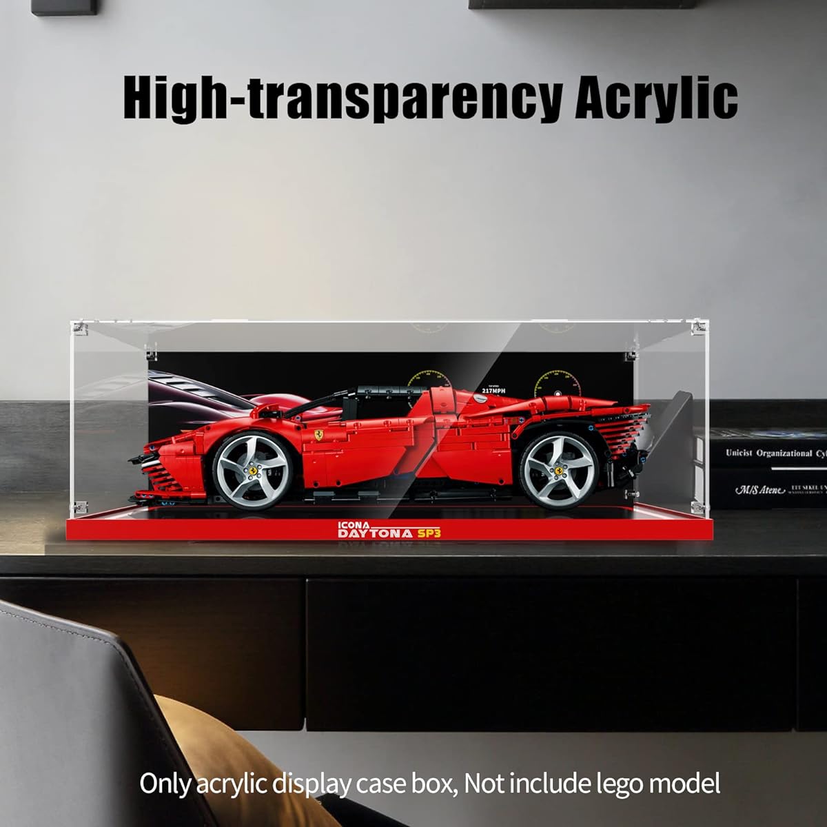 cooldac Display Case Acrylic Show Box for Lego Ferrari Daytona SP3 42143, Compatible with Lego Ferrari Daytona SP3 Building Blocks Model Set Display Box Showcase Storage (Model Not Included).