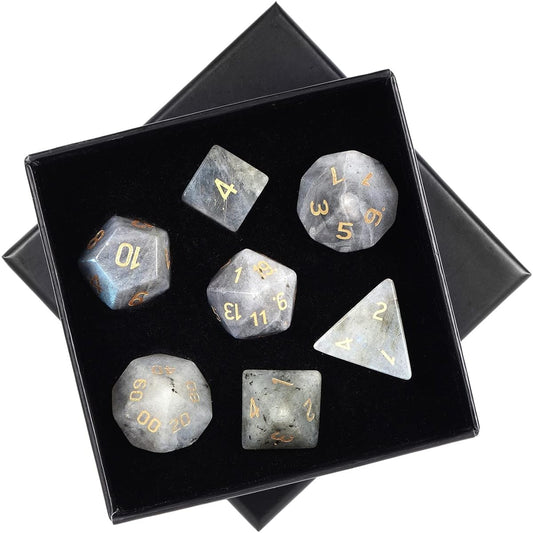 mookaitedecor Labradorite Crystal Polyhedral DND Dice Set of 7 Polished Tumbled Stone Dice for RPG MTG Tabletop Games Home Decor