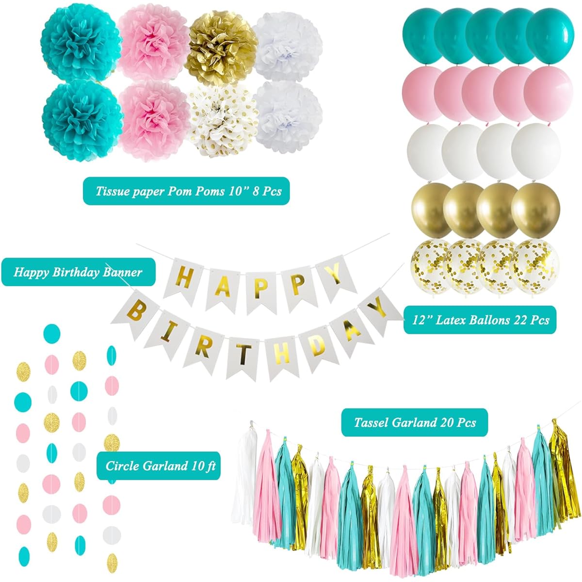 ANSOMO Teal Blue and Pink Happy Birthday Party Decorations, Pastel White Blush Gold, Gender Neutral Decor Supplies Balloons for Girls Women Teens Kids