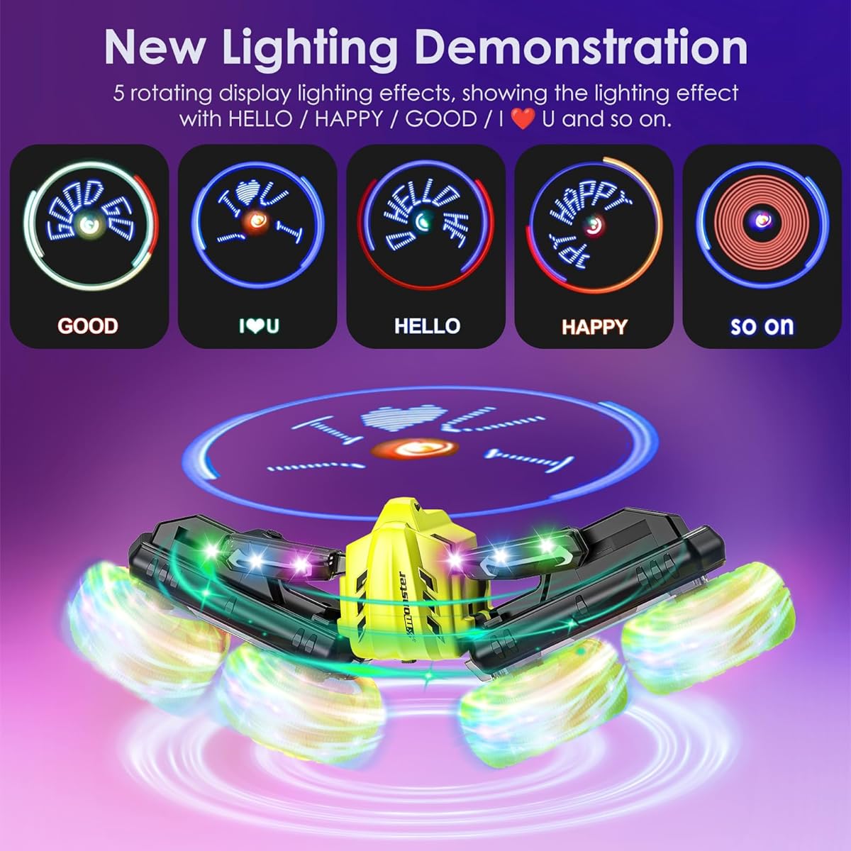 BOBUEXER Remote Control Car 360° Flip Rotation 4WD RC Car Wheel Light Gradient Effect Headlight Luminous Character Effect 2.4GHz Rechargeable RC Stunt Car Toy for Kids (Yellow)