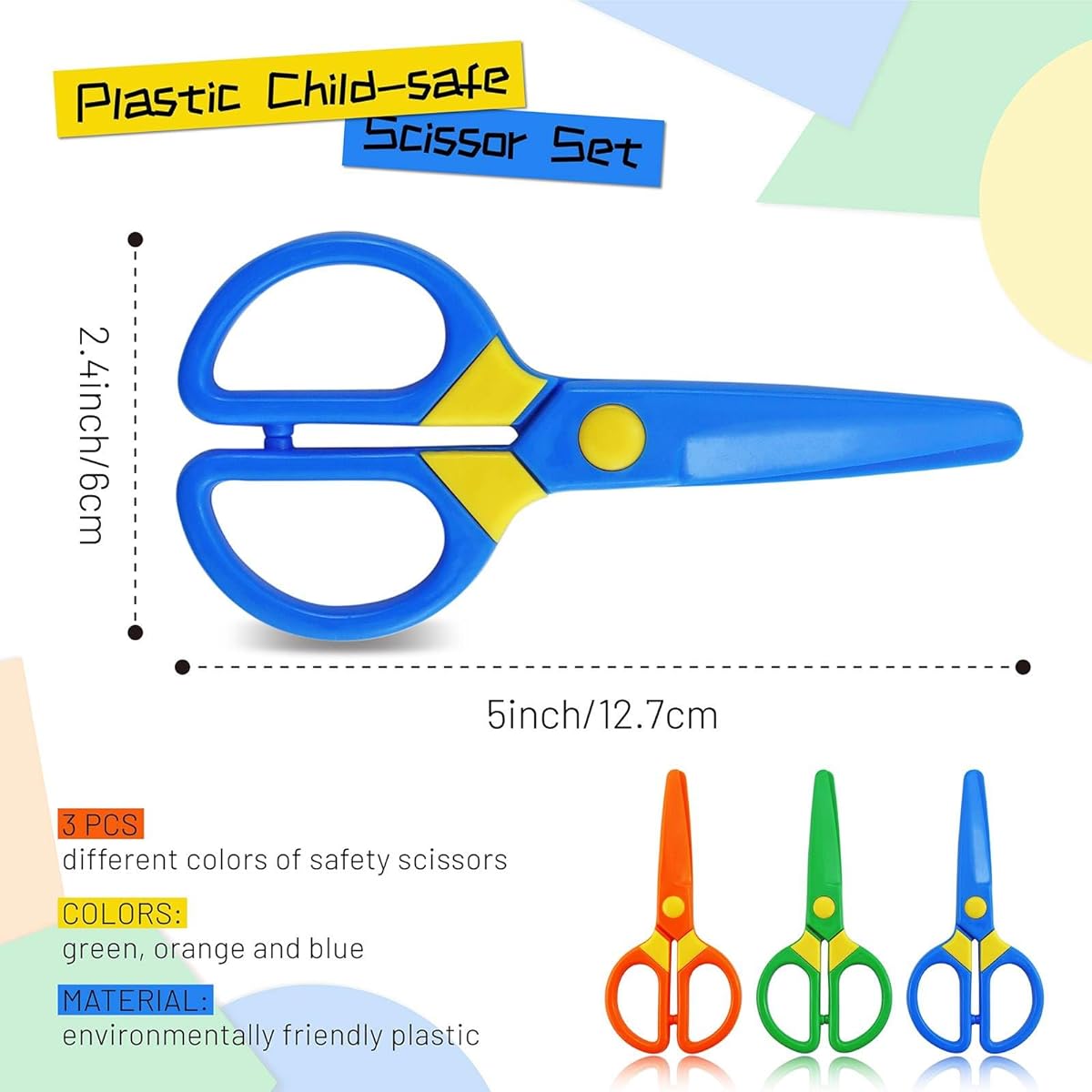JIALEEY Plastic Child Safe Scissors Set, Toddler Training Scissors, Preschool Training Scissors, Kids Art Supplies (3 Pieces), Multicolor