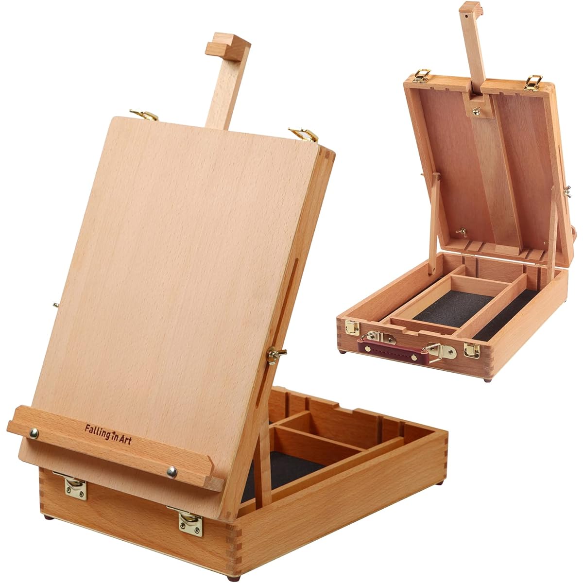 Falling in Art Wooden Tabletop Easel Box, Solid Wood Sketch Box Table Easel for Painting, Portable Desktop Drawing Easel for Beginners and Professionals