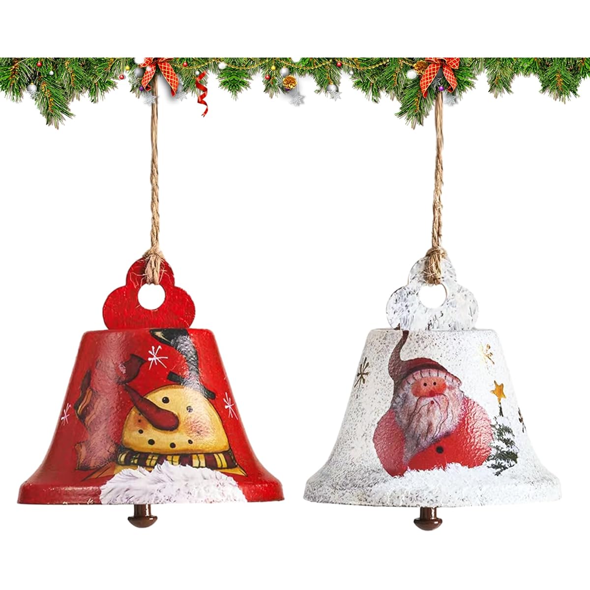 Mataura Christmas Bells, Large Metal Decorative Jingle Bells with Hanging Rope, Hand-Painted Snowman and Santa Claus Decorations for Christmas Trees, Wreaths, Windows, Mantles and More (2 Pack)