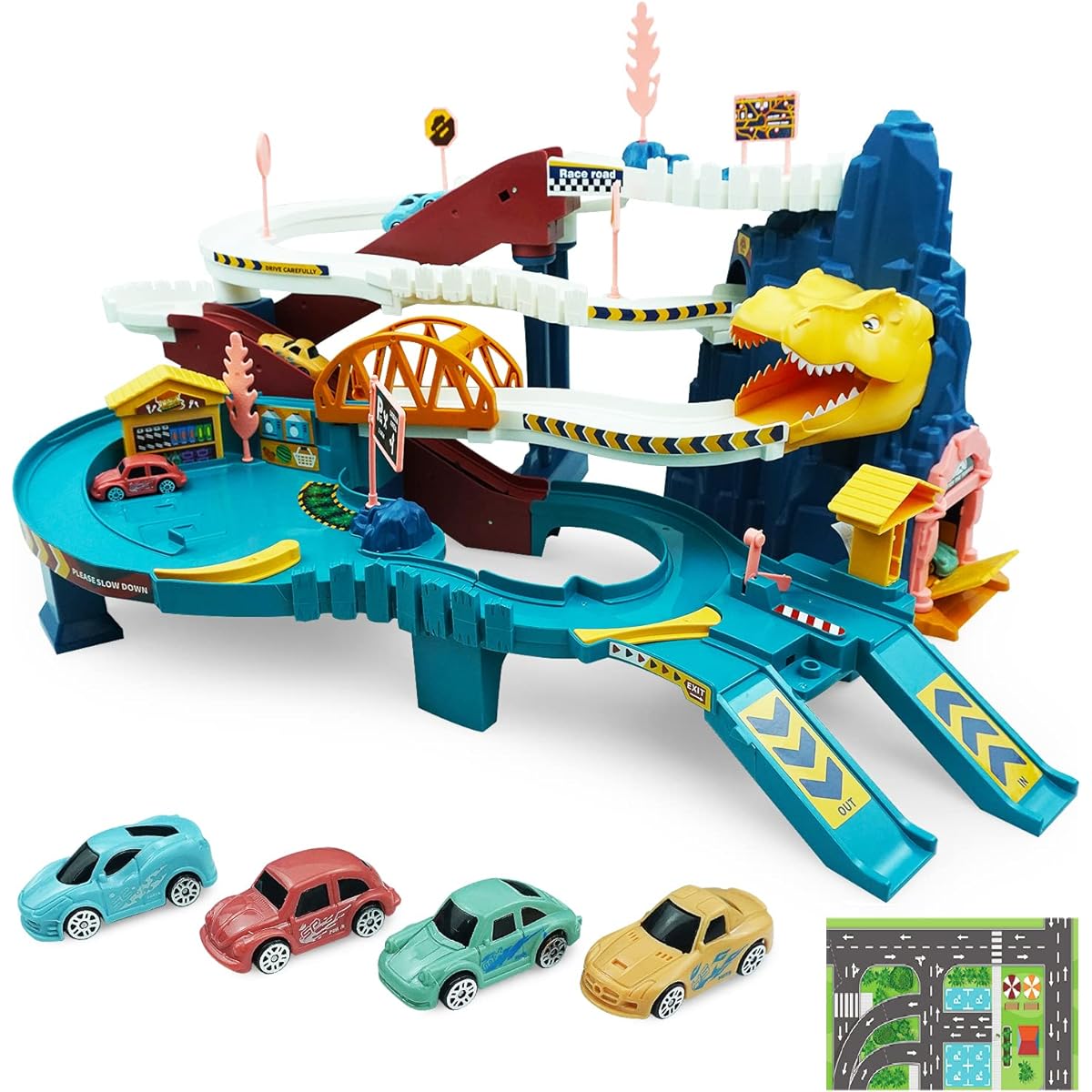 RedCrab Kids Dinosaur Car Playset Toy Ramp Track Set Dinosaur Adventure Toy with Flexible Track and 4 Mini Race Cars Winding Highway Dinosaur Hills Toy Gift for 3 4 5 6 Year Old Boys Girls