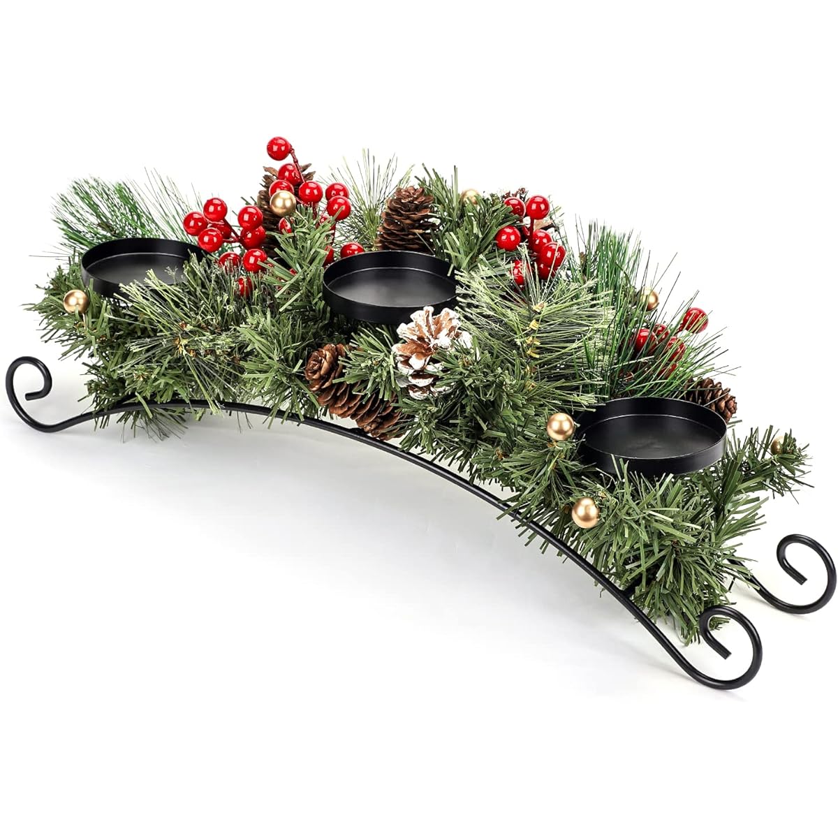 SIBOSUN Christmas Centerpieces Christmas Candle Holders Artificial Berries Pine Cones Table Centerpieces with 3 Candle Holders for Home Party Wedding Christmas Table Mantel