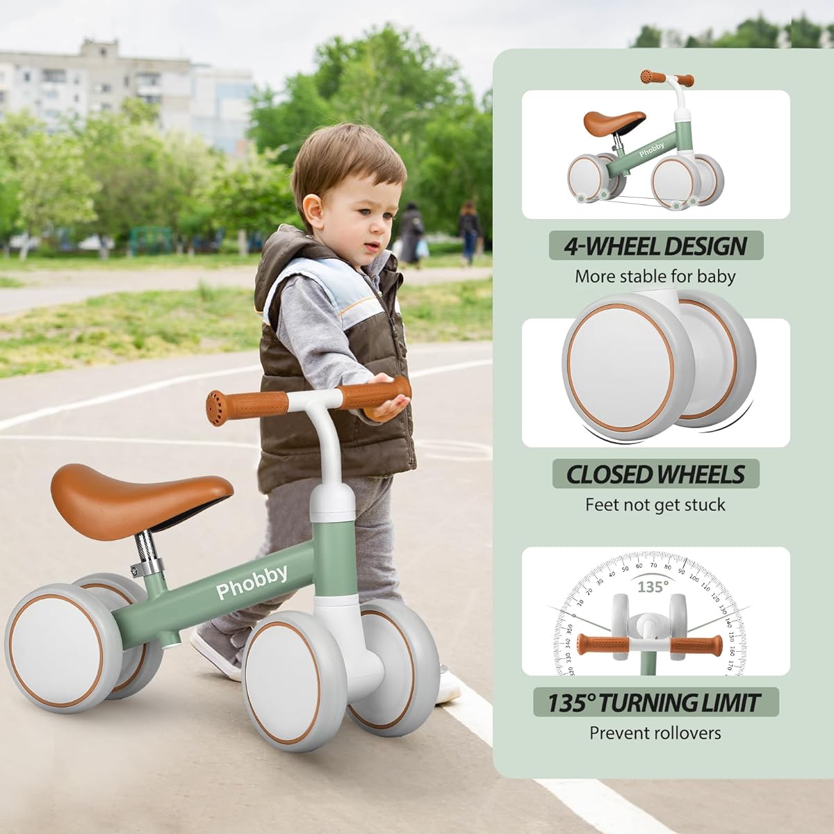Phobby Baby Balance Bike for 1 2 3 Years Old Boys Girls 4 Wheel Toddler Bike with Adjustable Seat 12-36 Months Kids First Birthday Toy Gift