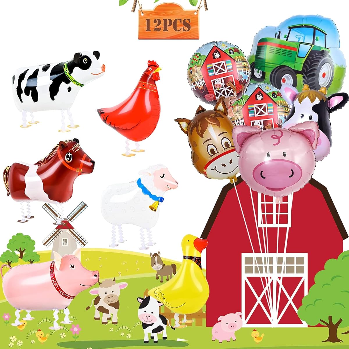 12pcs Farm Animal Balloons Animal Balloons Party Balloons Duck Rooster Pig Sheep Horse Cow Donkey Tractor Barn Shaped Foil Balloons Animal Party Cow Farm Barn Theme Birthday Baby Shower Party Decorations