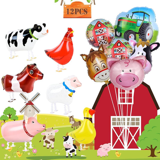 12pcs Farm Animal Balloons Animal Balloons Party Balloons Duck Rooster Pig Sheep Horse Cow Donkey Tractor Barn Shaped Foil Balloons Animal Party Cow Farm Barn Theme Birthday Baby Shower Party Decorations